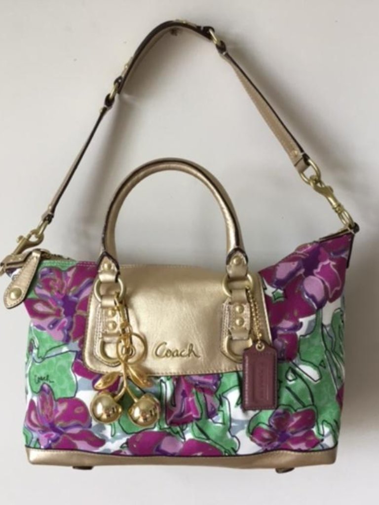 Coach Ashley Floral Iris Canvas Metallic Gold Leather Satchel Bag M1068-F16177